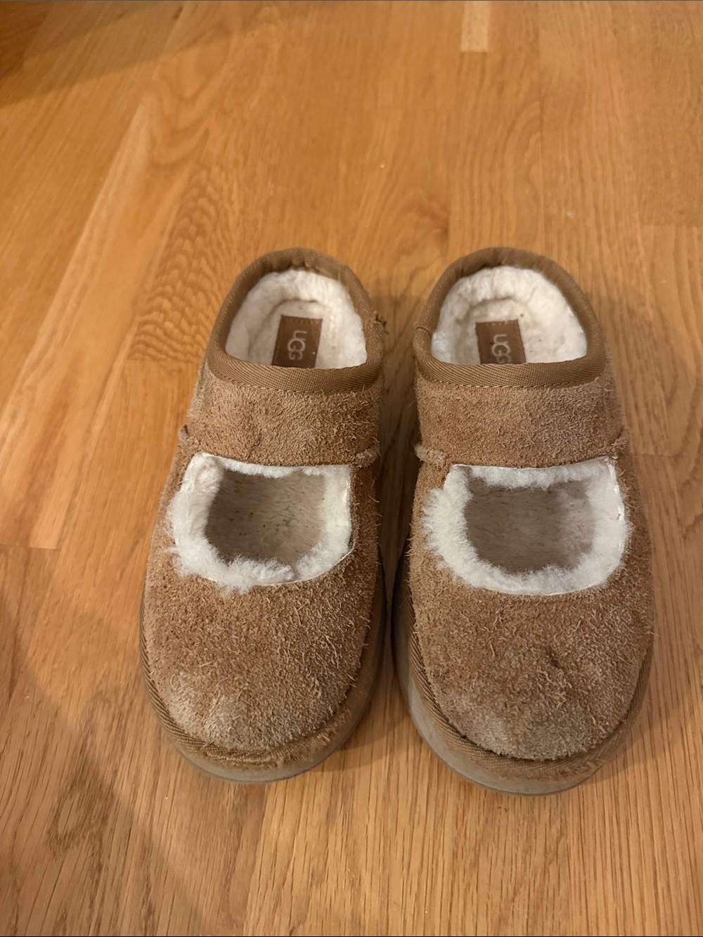 UGG Kids Chestnut Brown Suede Mary Jane Slippers with Shearling
